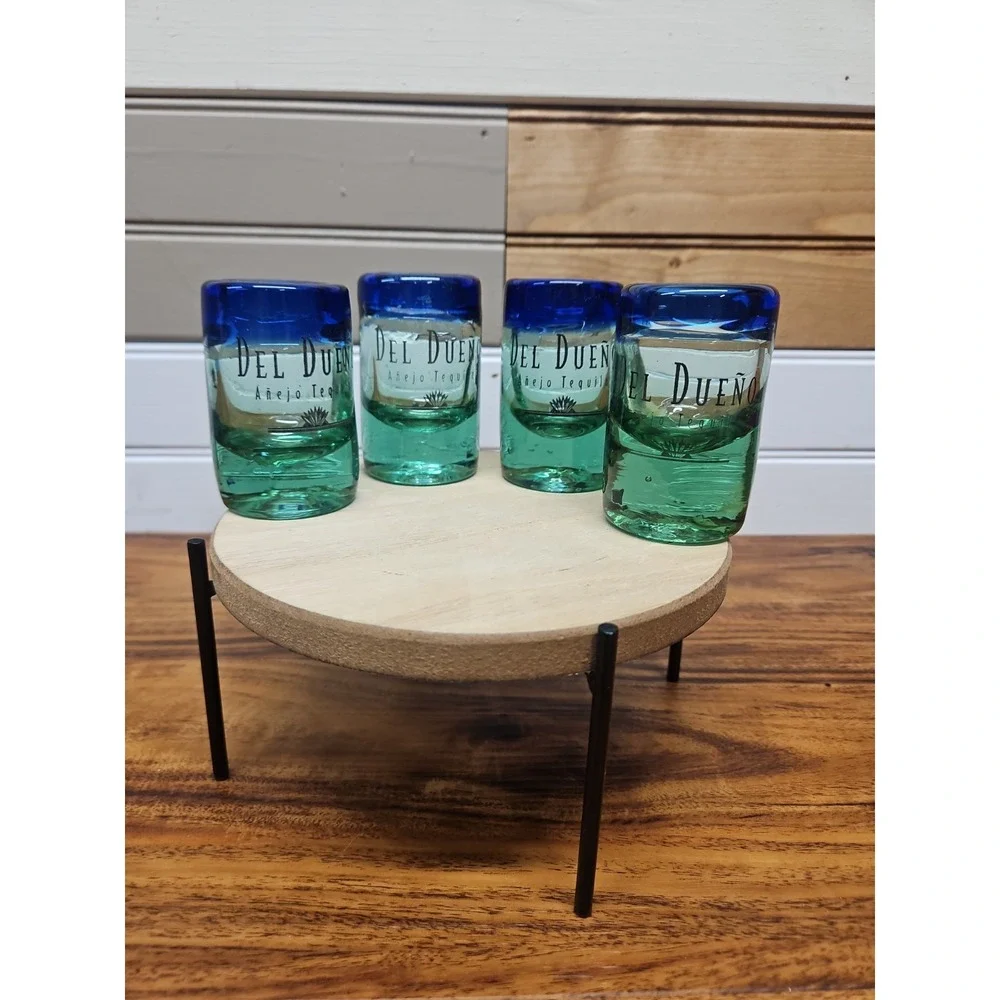 Lot of 4 Del Dueno Anejo Tequila Shooter Hand Blown Blue Green Rim Shot Glasses